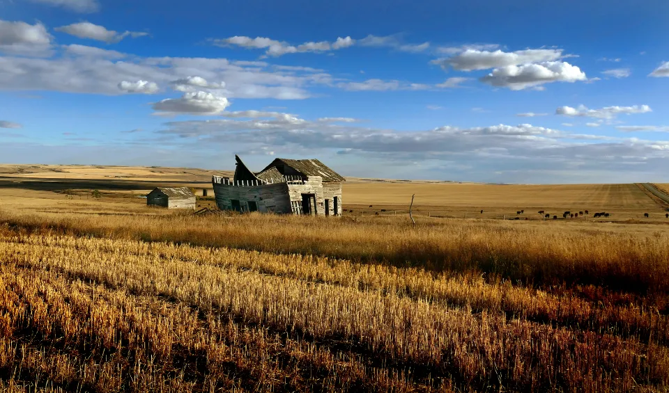 Open Kansas prairie with an old farmhouse under a wide sky