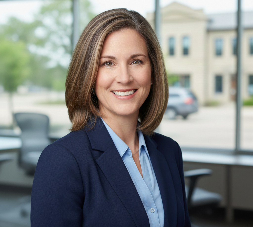 Professional female insurance agent in navy blazer helping seniors find coverage in Topeka